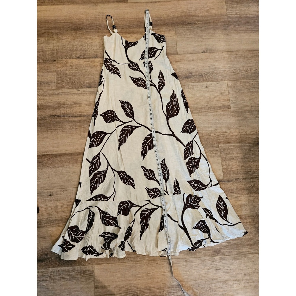 Able The Label Linen Blend Maxi Dress M Brown Cream Leaf Print Beaded NWT Boho - Picture 5 of 8